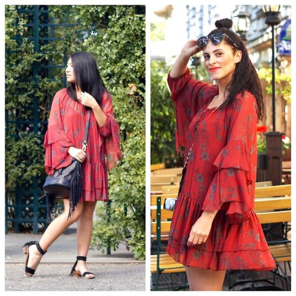 FREE PEOPLE Boho Tiered Floral Mini Red Dress / Tunic Blouse Top - Picture 1 of 16